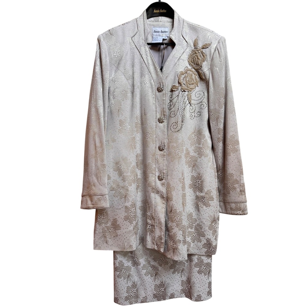 Aussie Austine Women Skirt Suit Set 12 Taupe Floral Wedding Church Mother Bride